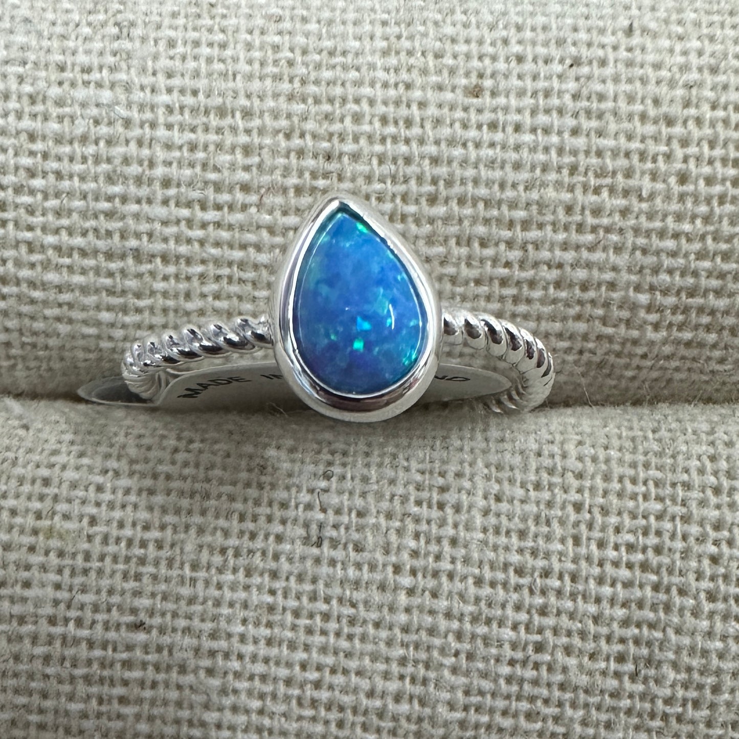 6mm Teardrop Resin Opal Ring Blue Size 8