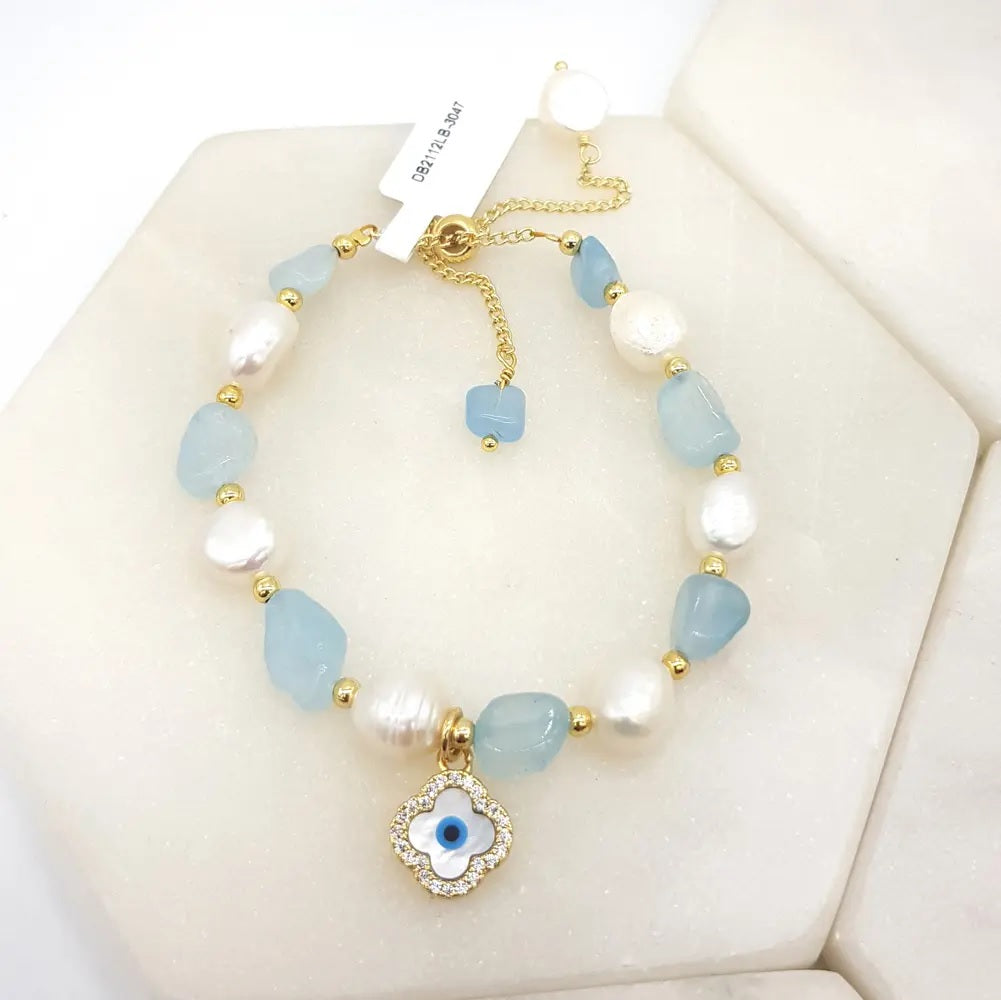 Mati Freshwater Pearl Bracelet with Clover Charm - Aquamarine