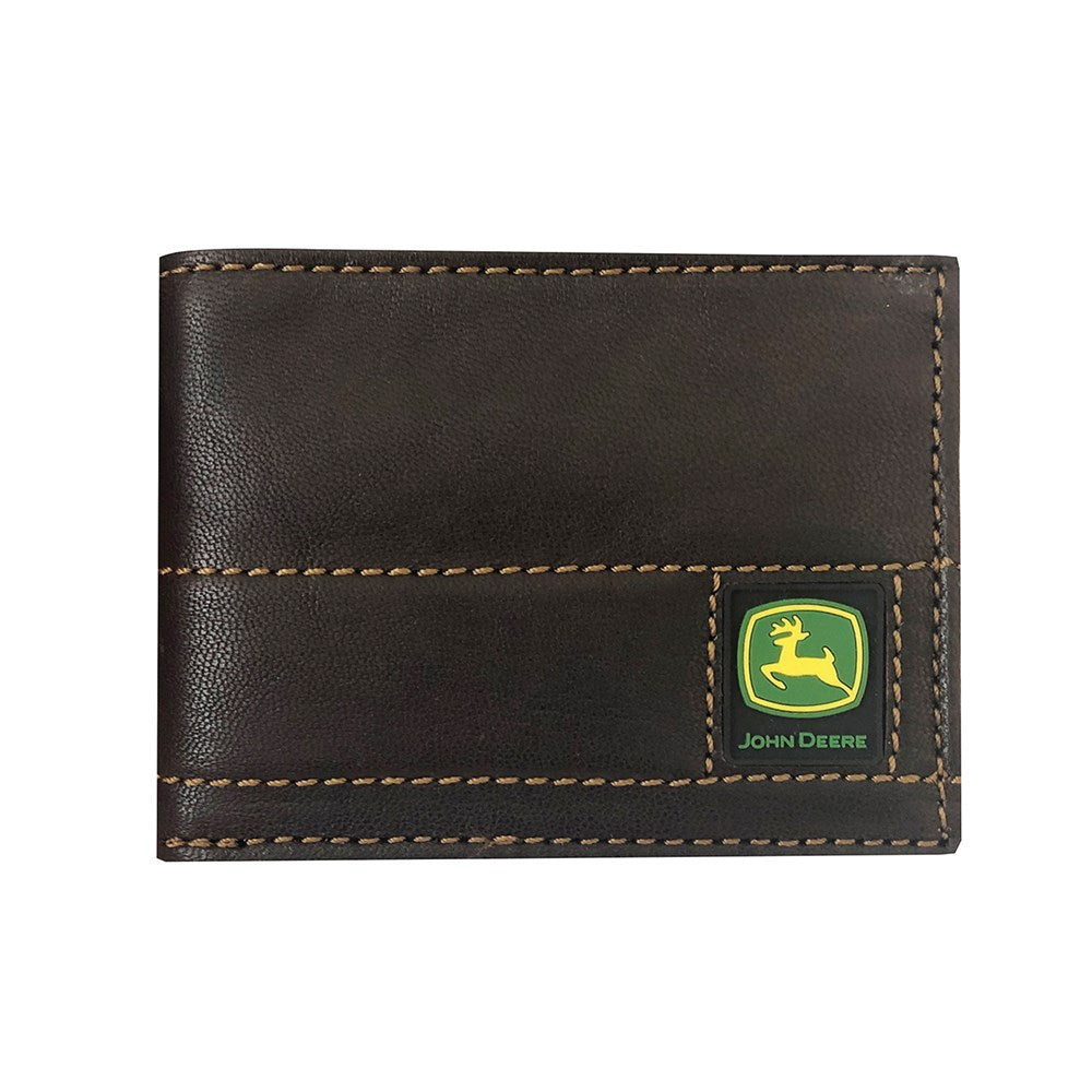 Brown Antique Stitched Leather Bi-fold Wallet - John Deere