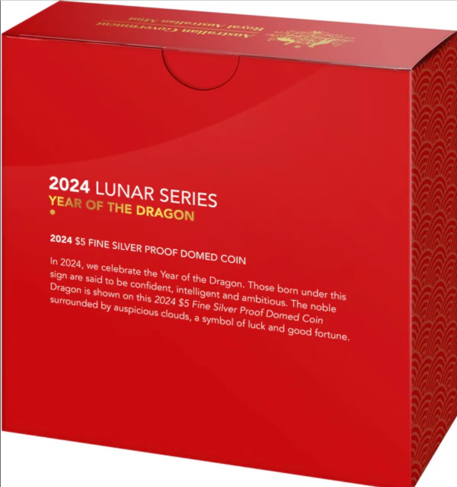 Lunar Year Of The Dragon 2024 $5 Domed Fine Silver Proof Coin