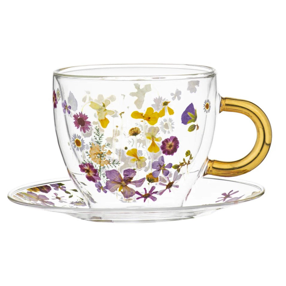 Pressed Flowers Double Walled Glass Cup & Saucer