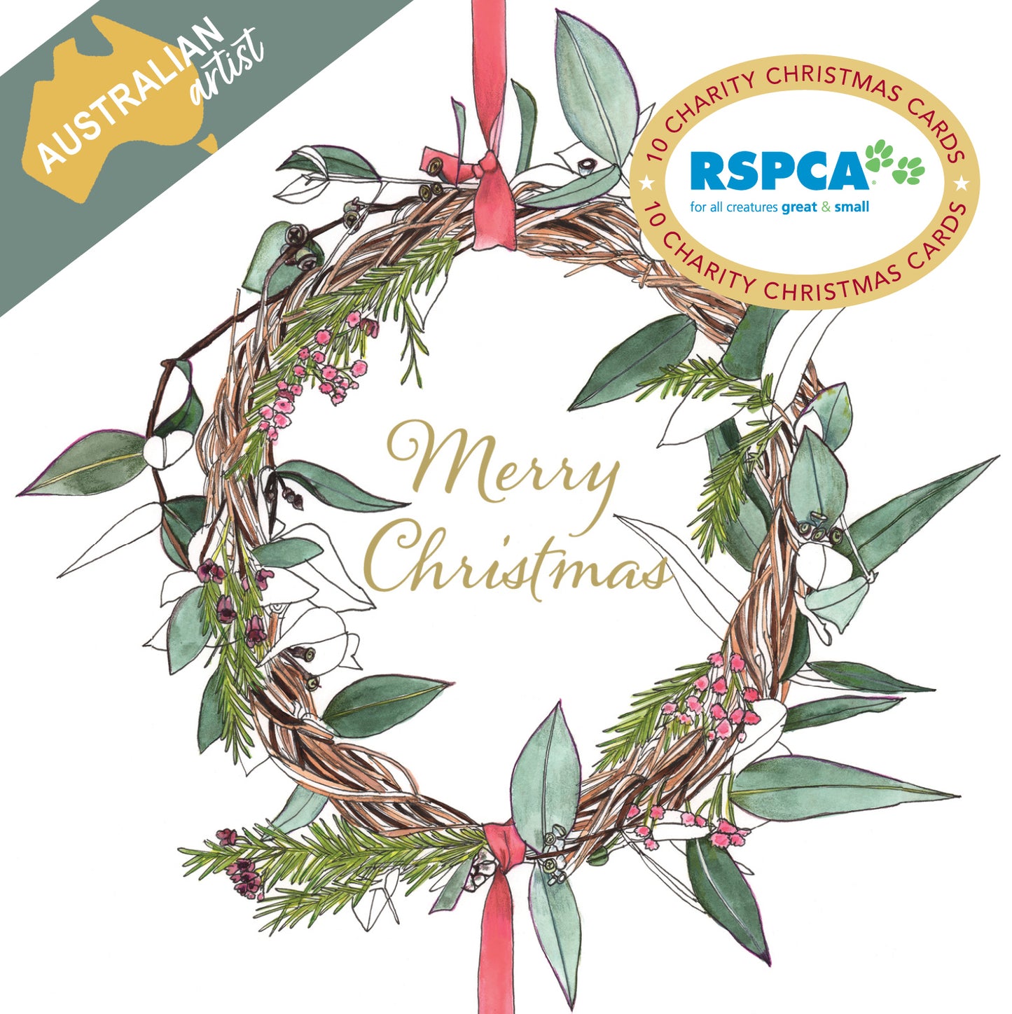 Rspca - Christmas Wreath - 10 Charity Christmas Cards Pack