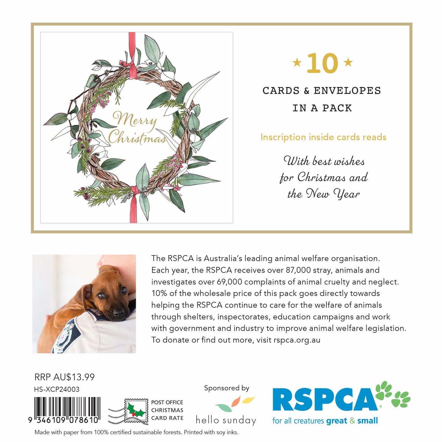 Rspca - Christmas Wreath - 10 Charity Christmas Cards Pack