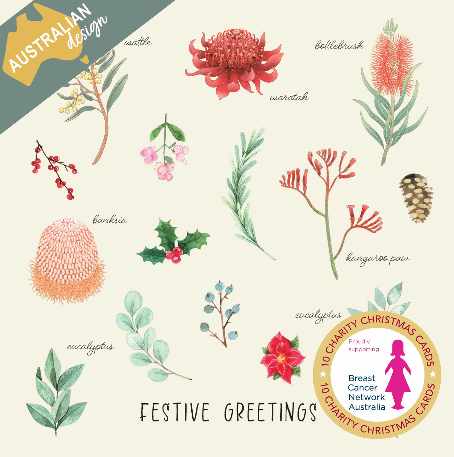 Bcna - Australian Flora - 10 Charity Christmas Cards Pack