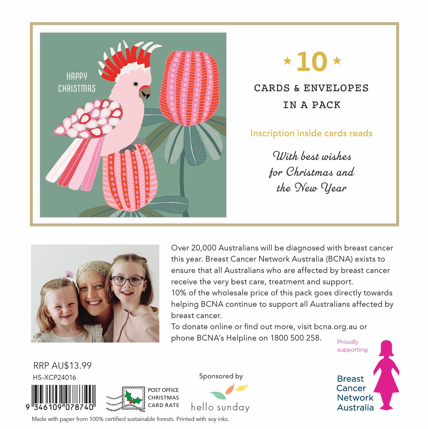 Bcna - Pink Galah - 10 Charity Christmas Cards Pack