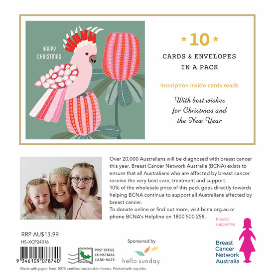 Bcna - Pink Galah - 10 Charity Christmas Cards Pack